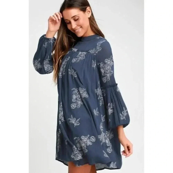 Lulu's No One Quite Like You Blue Floral Embroidered Long Sleeve Mini Dress S - Picture 1 of 6